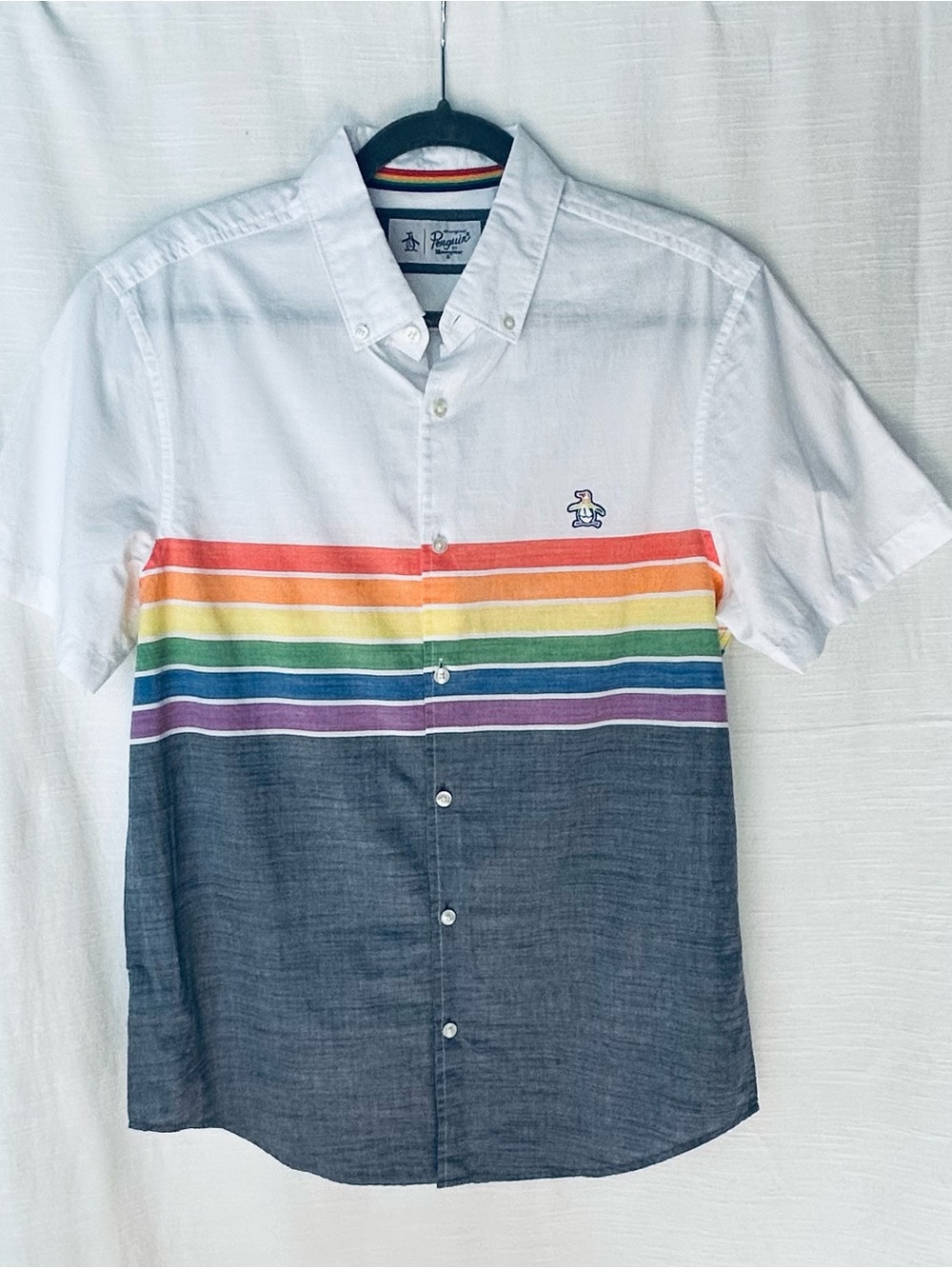 Original Penguin White & Navy Short Sleeve Button-Down Shirt with Rainbow Stripe